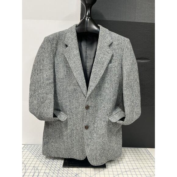 Vintage Harris Tweed Sport Coat Gray Herringbone Blazer Scottish Wool Jacket 42R - Picture 1 of 10